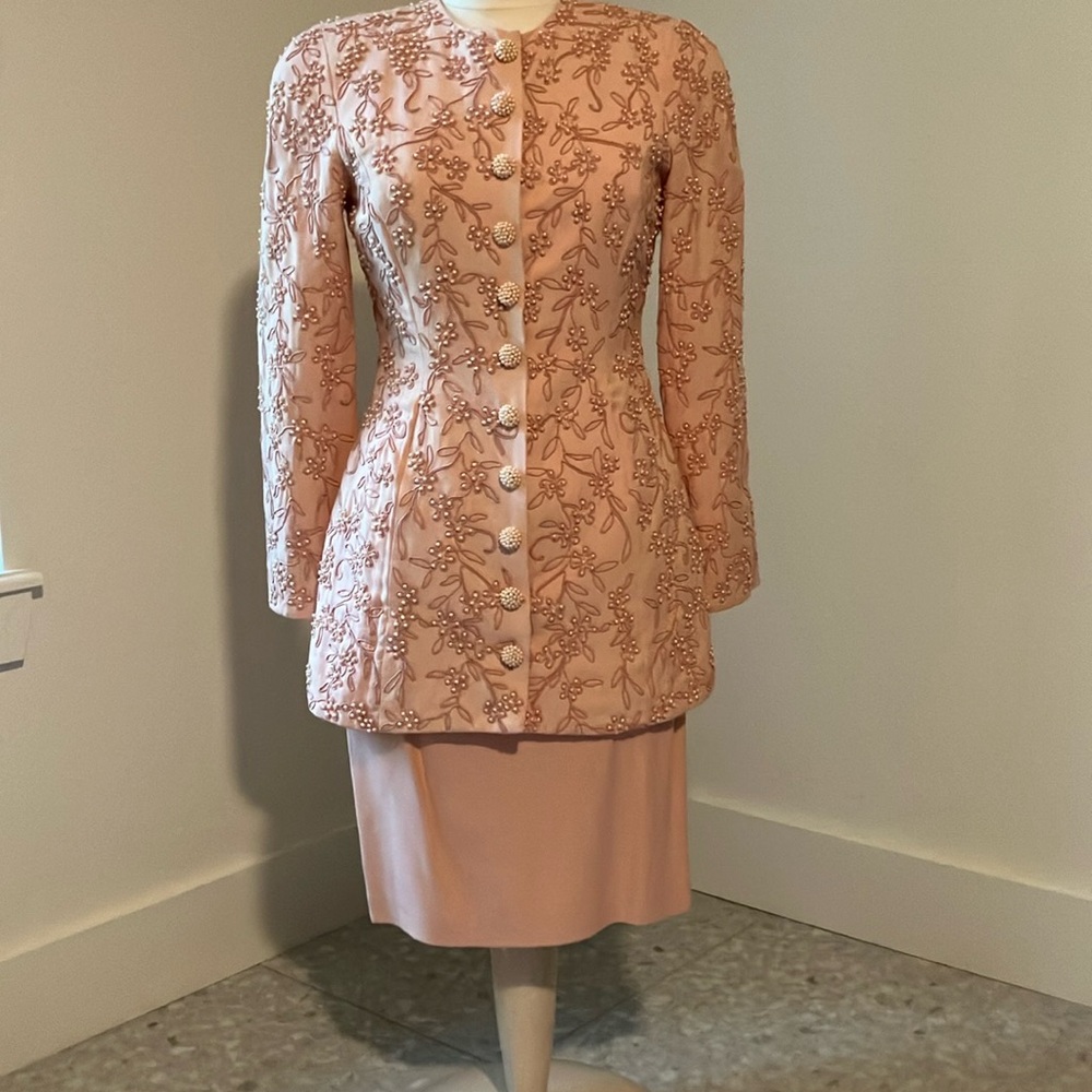 Vintage Marie St Claire Elegant Pink Embroidered Jacket and Skirt Set